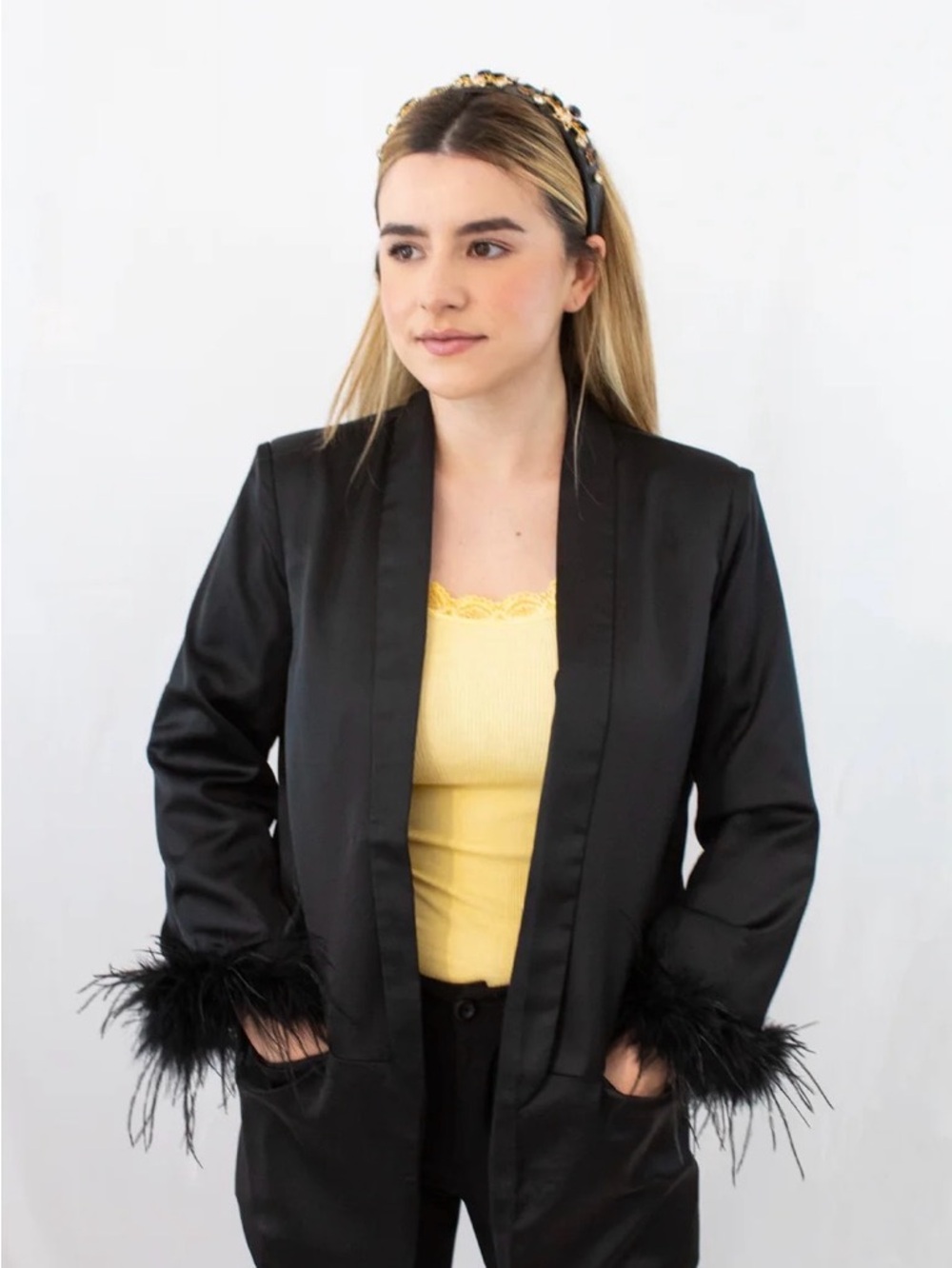 Black Feather Cuff Blazer - Women